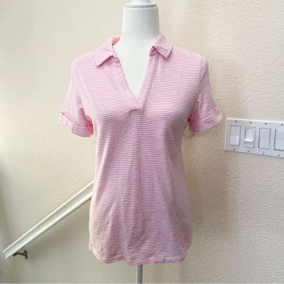 Talbots Roll Cuff Johnny Collar Striped Pullover Polo Pink White stripe size M - Picture 2 of 8